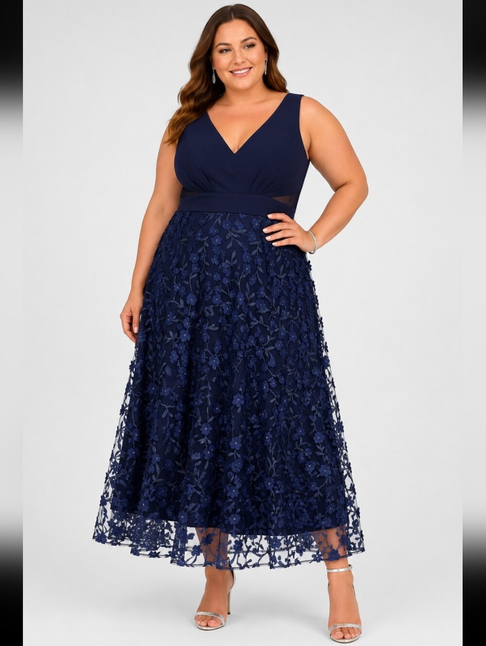 Xscape 16W Navy Floral Embroidered Mesh Midi Dress Plus Size Formal Wedding $299